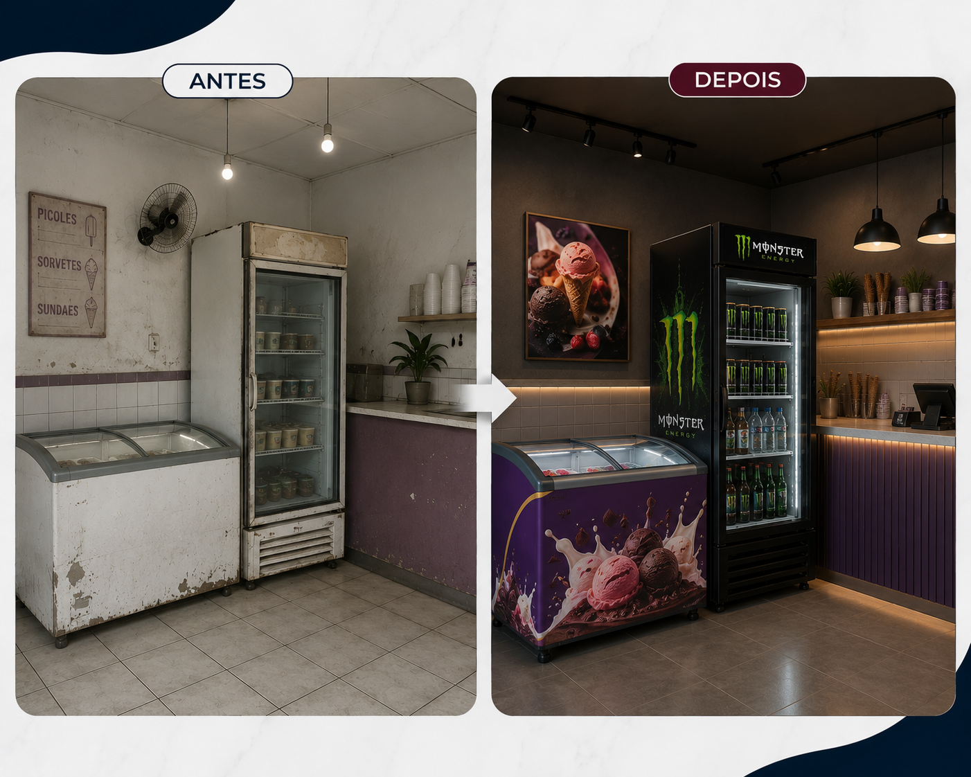 Antes e depois de freezer de sorvete adesivado em sorveteria