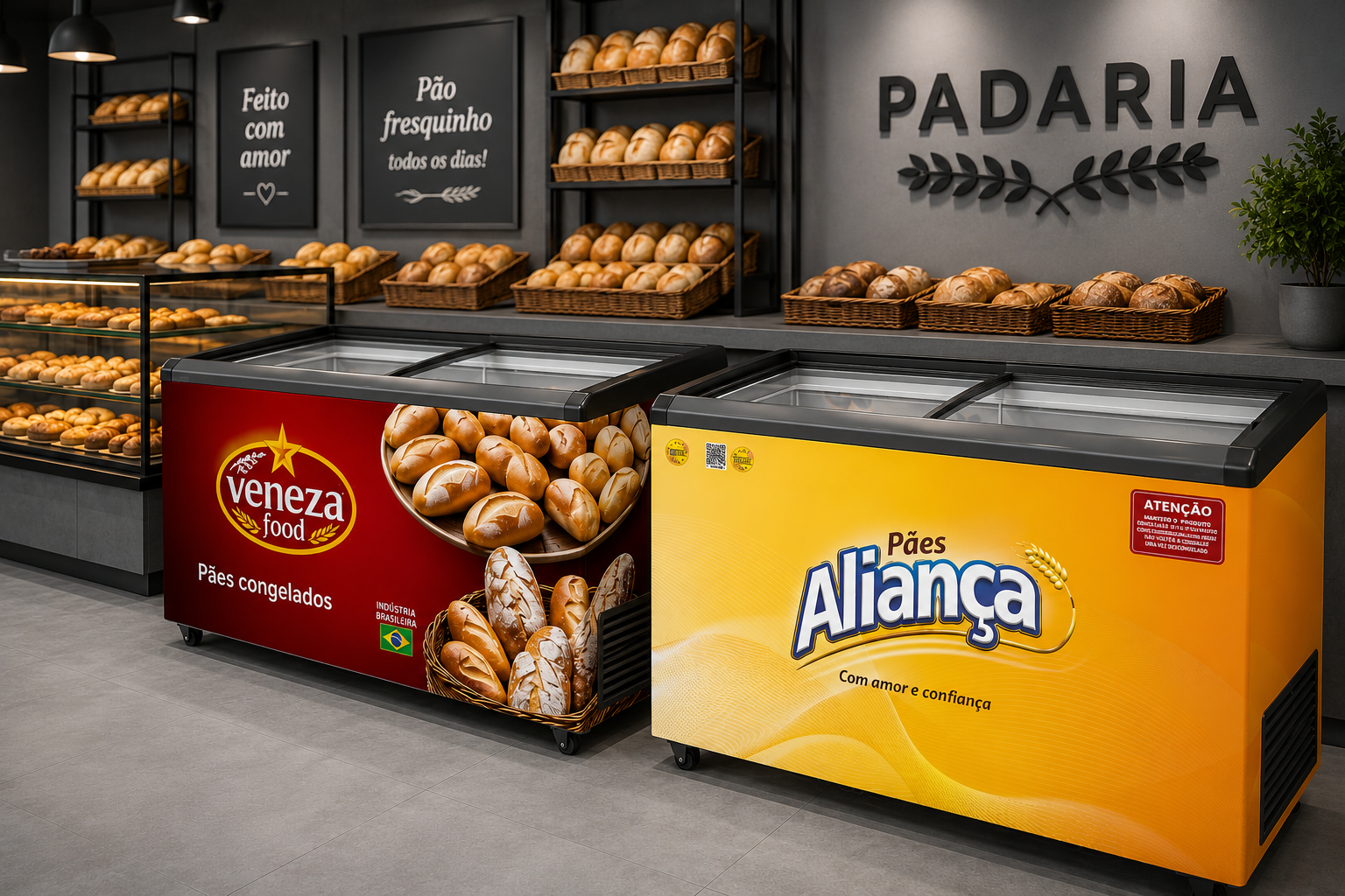 Freezer de pães congelados adesivado em supermercado