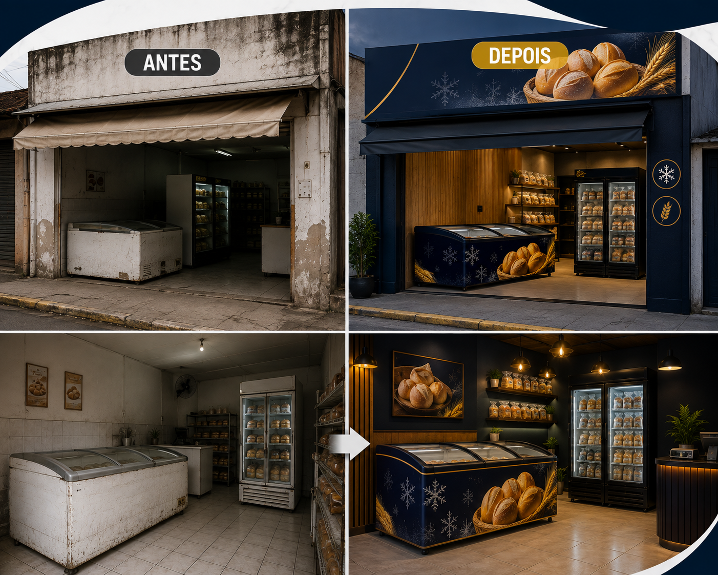 Antes e depois de padaria com freezer de pães congelados adesivado