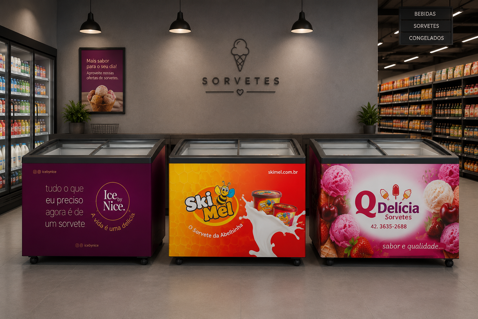Freezer de sorvete adesivado com comunicação visual colorida