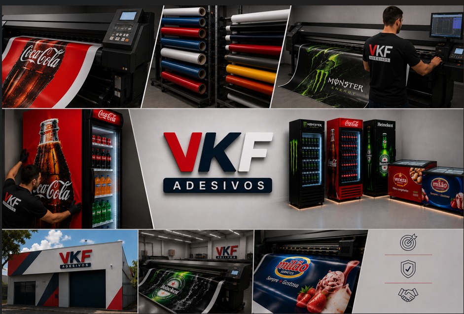 Fábrica e showroom da VKF Adesivos com impressoras, vinil e equipamentos adesivados