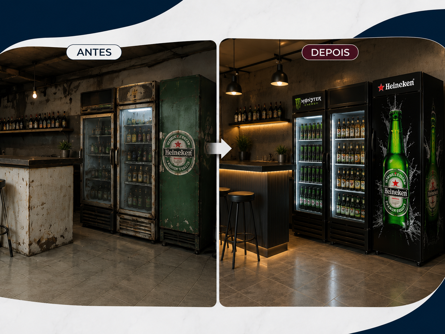 Antes e depois de cervejeiras adesivadas em bar